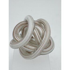 Hand Blown Art Glass Knot Sculpture White‎ Gold Swirl 4" Modern Decor